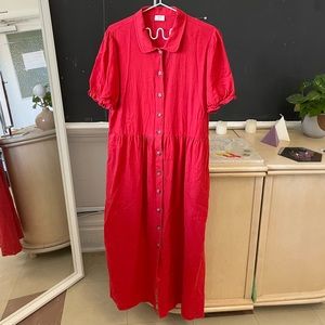 Aritzia Wilfred red 100% linen Naeva dress with Peter Pan collar & puff sleeves